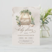 Invitation Boho tropical verdure et bébé beige berceau (Debout devant)