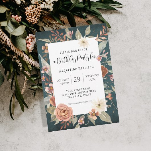 Invitation BOHO Turquoise Automne Automne Floral Anniversaire