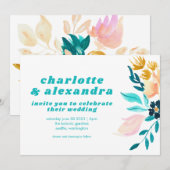Invitation Boho Turquoise bleu et or aquarelle Mariage floral (Devant / Derrière)