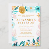 Invitation Boho Turquoise bleu et or aquarelle Mariage floral (Devant)