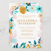 Invitation Boho Turquoise bleu et or aquarelle Mariage floral (Devant / Derrière)