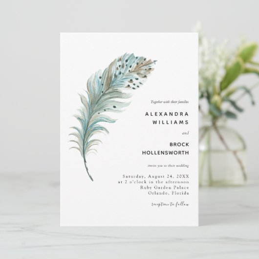 Invitation Boho Turquoise bleu plume Mariage minimal (Debout devant)