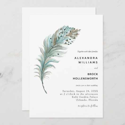 Invitation Boho Turquoise bleu plume Mariage minimal (Devant / Derrière)