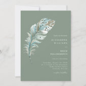Invitation Boho Turquoise Plumes bleues minimes Sage vert (Devant)