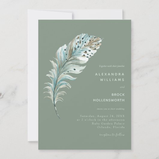 Invitation Boho Turquoise Plumes bleues minimes Sage vert (Devant)