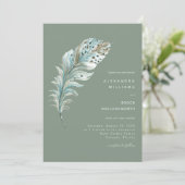 Invitation Boho Turquoise Plumes bleues minimes Sage vert (Debout devant)