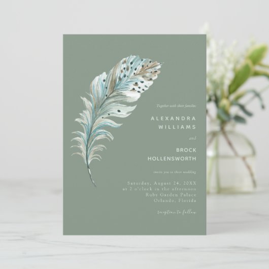 Invitation Boho Turquoise Plumes bleues minimes Sage vert (Debout devant)