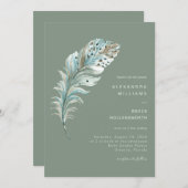 Invitation Boho Turquoise Plumes bleues minimes Sage vert (Devant / Derrière)