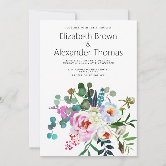 Invitation Boho turquoise rose blanc mariage (Devant)