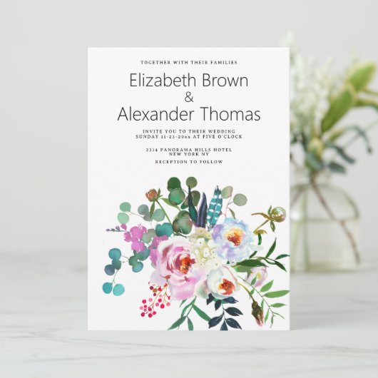 Invitation Boho turquoise rose blanc mariage (Debout devant)