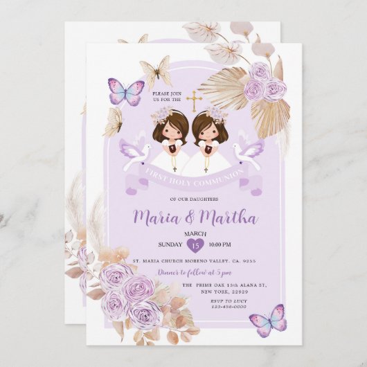 Invitation Boho TWIN Fille Première Sainte Communion Fleurs p (Devant / Derrière)
