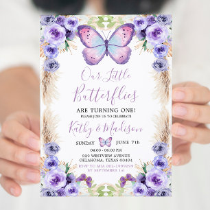 Invitation Boho Twin Purple Butterfly First Birthday Floral