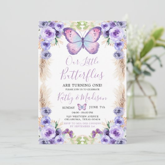 Invitation Boho Twin Purple Papillon Premier anniversaire Flo (Debout devant)