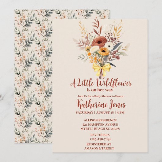 Invitation Boho Un Petit Baby shower De Fille Fleur sauvage (Devant / Derrière)