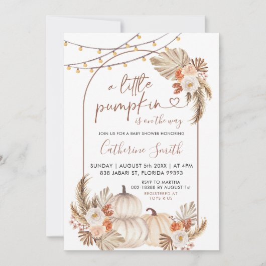 Invitation Boho Un Petit Citrouille Se Trouve Sur Le Chemin D (Devant)