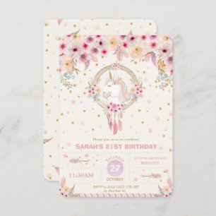 Invitation Boho Unicorn Anniversaire Floral Girl 21e Annivers