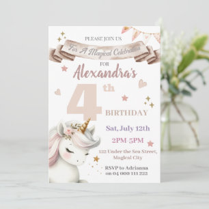 Invitation Boho Unicorn Magical Girl 4ème anniversaire Invita