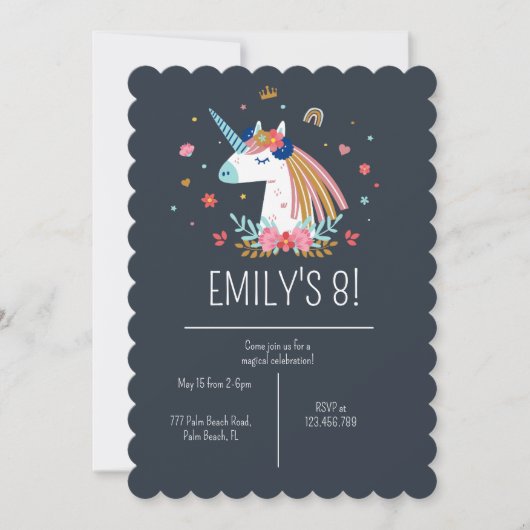 Invitation Boho Unicorn Moderne Marine Girls mignonne Anniver (Devant)