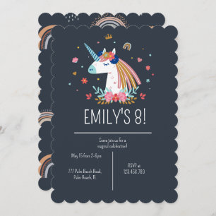 Invitation Boho Unicorn Moderne Marine Girls mignonne Anniver