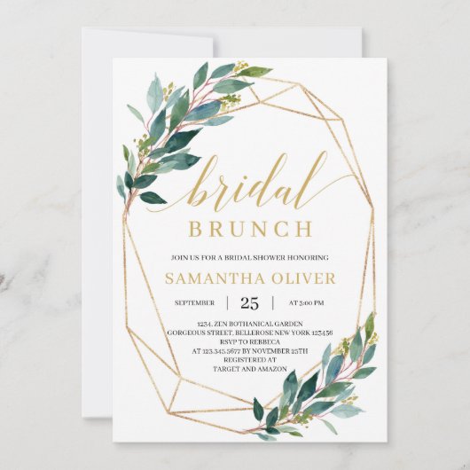 Invitation Boho verdure eucalyptus cadre or brunch nuptial (Devant)