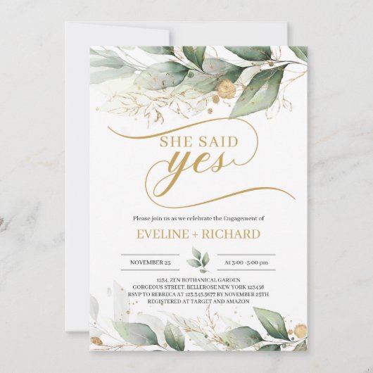 Invitation Boho verdure eucalyptus or feuilles elle a dit oui (Devant)