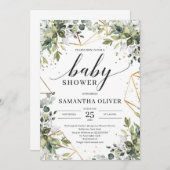 Invitation Boho verdure feuillage et baby shower cadre or (Devant / Derrière)
