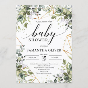 Invitation Boho verdure feuillage et baby shower cadre or