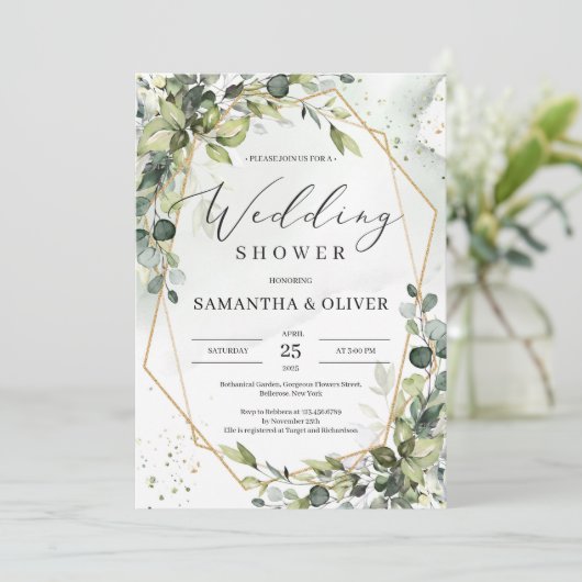 Invitation Boho verdure feuillage or cadre wedding shower (Debout devant)