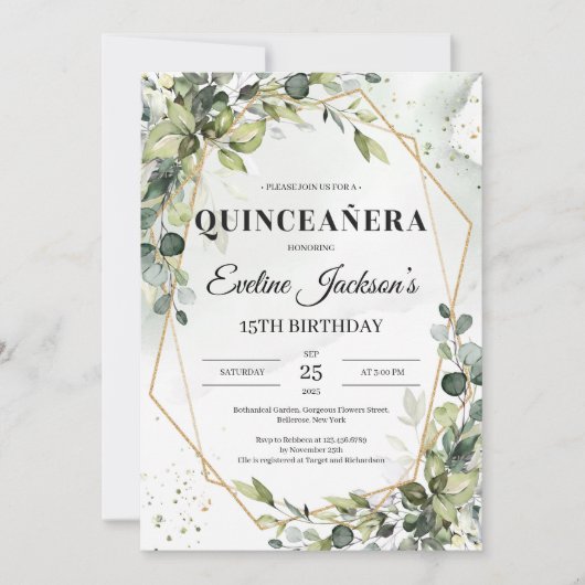 Invitation Boho verdure feuille cadre or quinceanera (Devant)