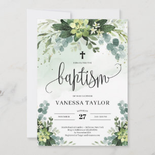 Invitation Boho verdure fleurs succulentes feuillage baptême