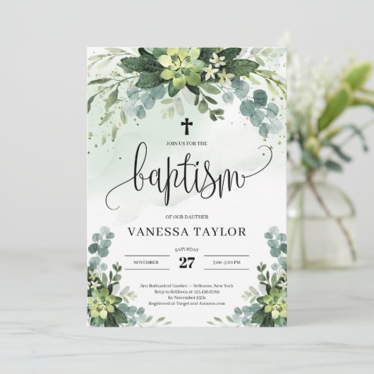 Invitation Boho verdure fleurs succulentes feuillage baptême (Debout devant)