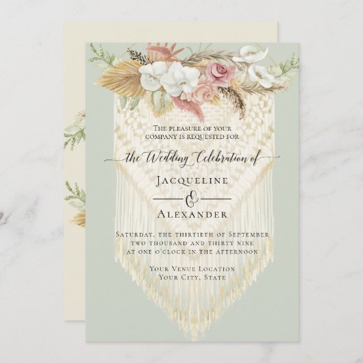 Invitation BOHO Verdure rose Floral Pampas Mint Mariage (Devant / Derrière)