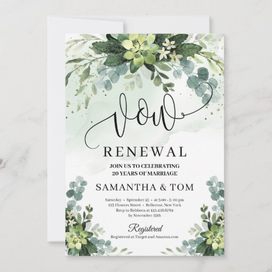 Invitation Boho verdure succulent feuillage floral vow renouv (Devant)