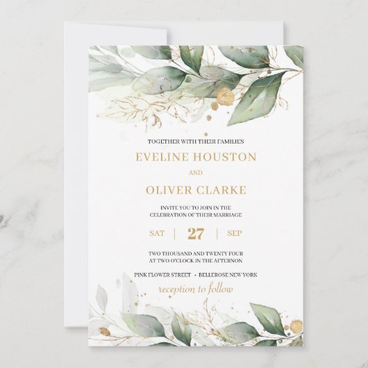 Invitation Boho vert eucalyptus feuille mariage or (Devant)