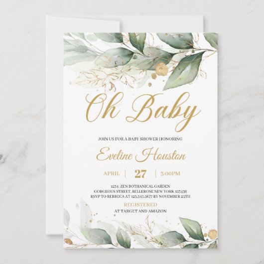 Invitation Boho vert eucalyptus feuilles oh baby shower (Devant)