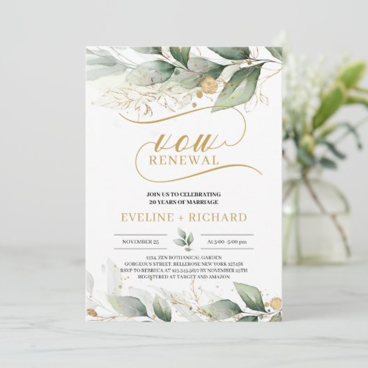 Invitation Boho vert eucalyptus or feuille vow renouveau (Debout devant)