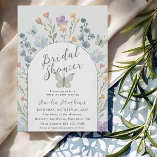 Invitation Boho Vert Fête de Mariage Fleur Sauvage et Papillo