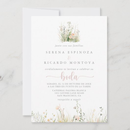 Invitation Boho vert Fleur sauvage espagnol Mariage (Devant)