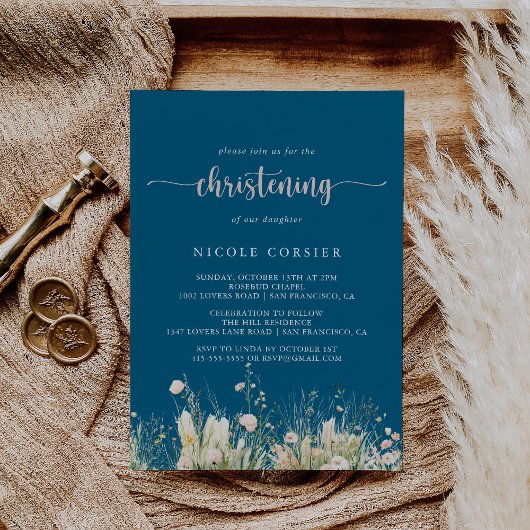 Invitation Boho vert Fleur sauvage Marine Christening