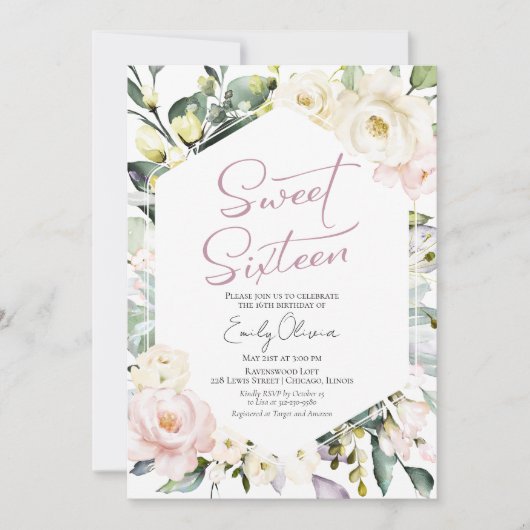 Invitation Boho Vert Floral Frame Sweet 16 (Devant)