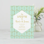 Invitation Boho Vert Menthe Hexagone Géométrique Doré Mariage (Debout devant)