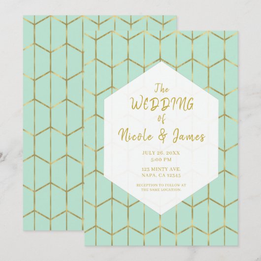 Invitation Boho Vert Menthe Hexagone Géométrique Doré Mariage (Devant / Derrière)