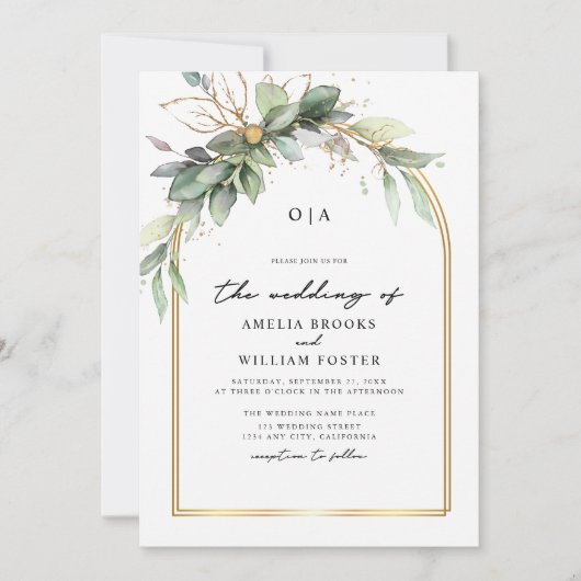 Invitation Boho Vert & Or Eucalyptus Monogramme Mariage (Devant)