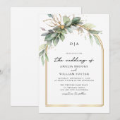 Invitation Boho Vert & Or Eucalyptus Monogramme Mariage (Devant / Derrière)