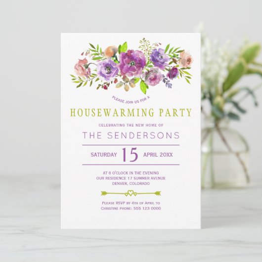 Invitation Boho vert pourpre boho fête de chauffage fleurie (Debout devant)