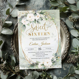 Invitation Boho Vert rose blanche feuille d'or ovale doux 16