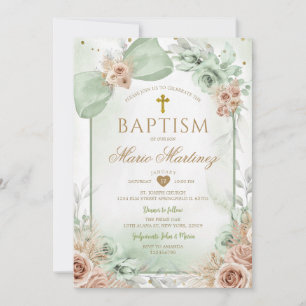 Invitation Boho Vert Sauge Floral Garçon Croix Sainte Baptême