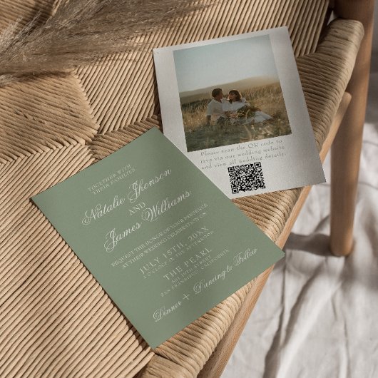 Invitation Boho Vert Sauge Moderne Code QR Photo Mariage