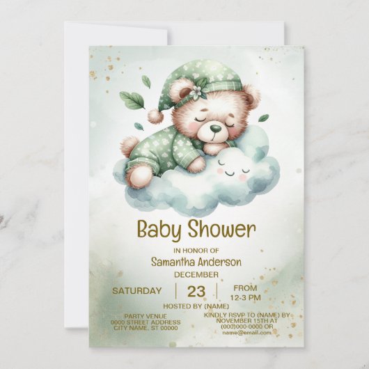 Invitation Boho Vert Sleeping Teddy Bear mignon Baby shower (Devant)