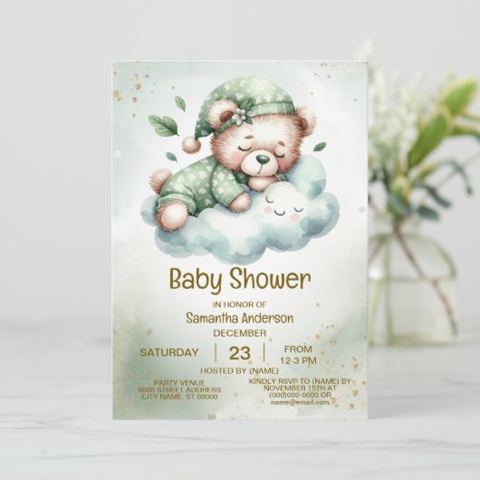 Invitation Boho Vert Sleeping Teddy Bear mignon Baby shower (Debout devant)